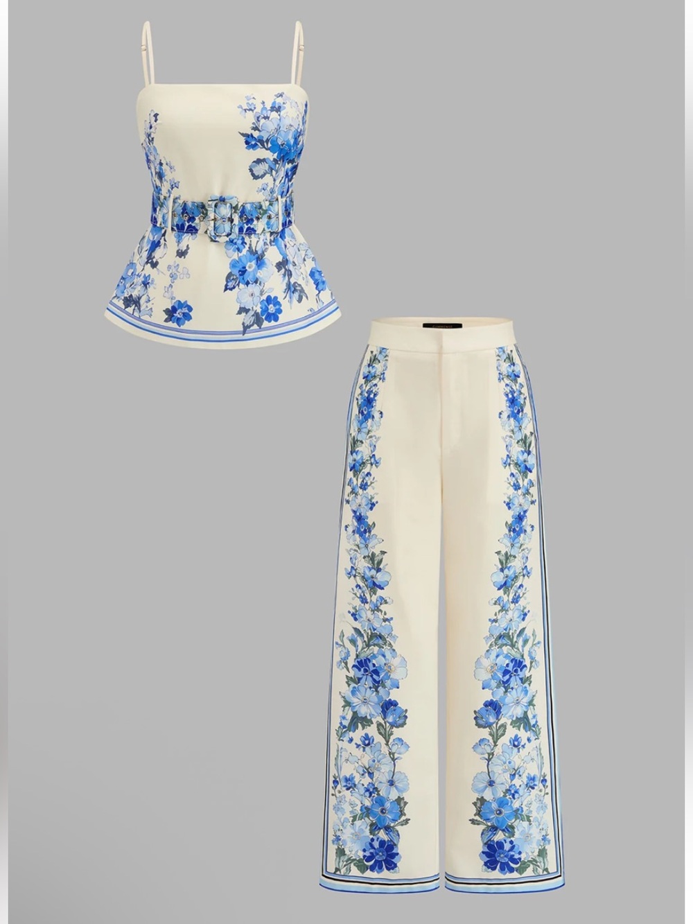 Commense Floral Belted Camisole & Wide-Leg Pants Set - Cream with Blue Floral M